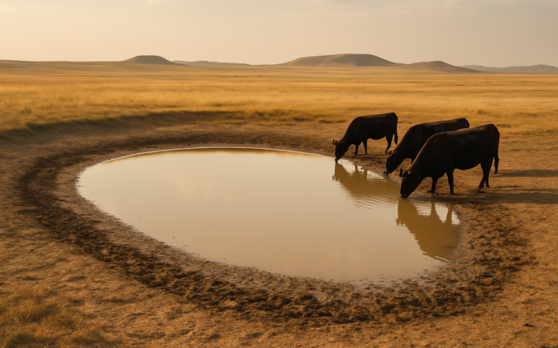Black cattle drinking from a low, shrinking stock pond with an exposed muddy shoreline on dry Montana prairie in summer