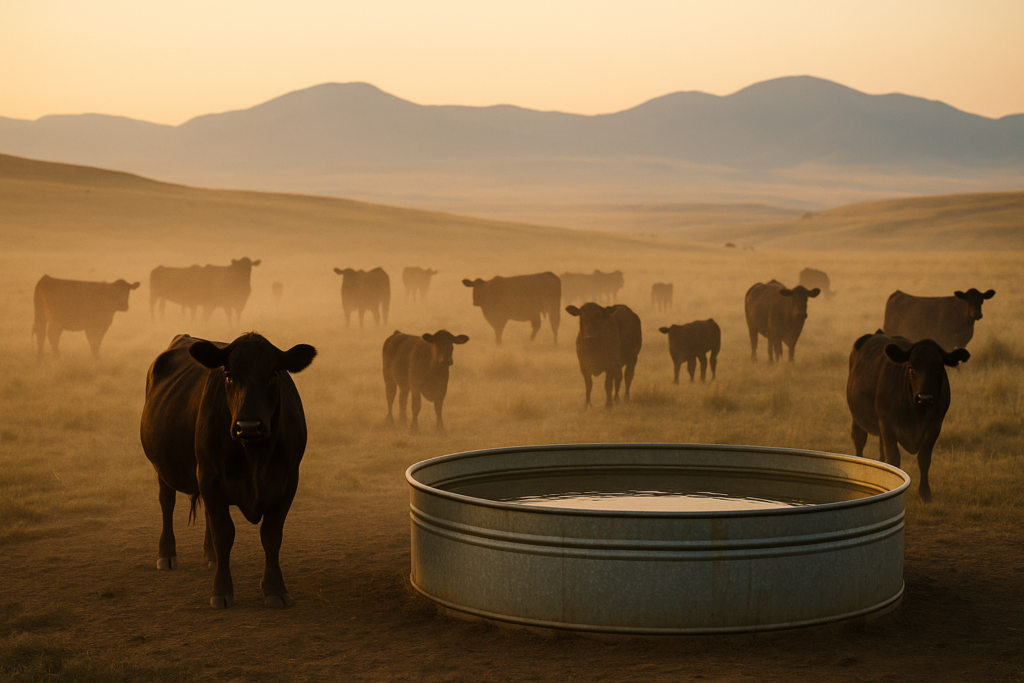 Black cattle gathered around a stock tank in early morning light on Montana rangeland with distant mountains