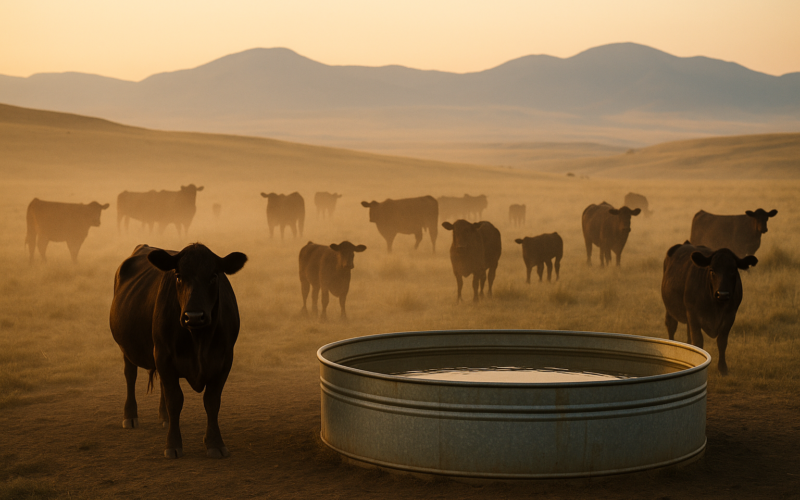 Black cattle gathered around a stock tank in early morning light on Montana rangeland with distant mountains