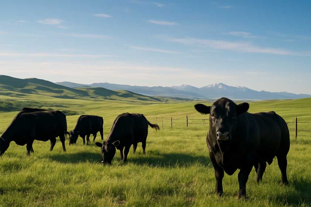 Black cattle and a bull grazing green early-summer rangeland with Montana foothills in the background
