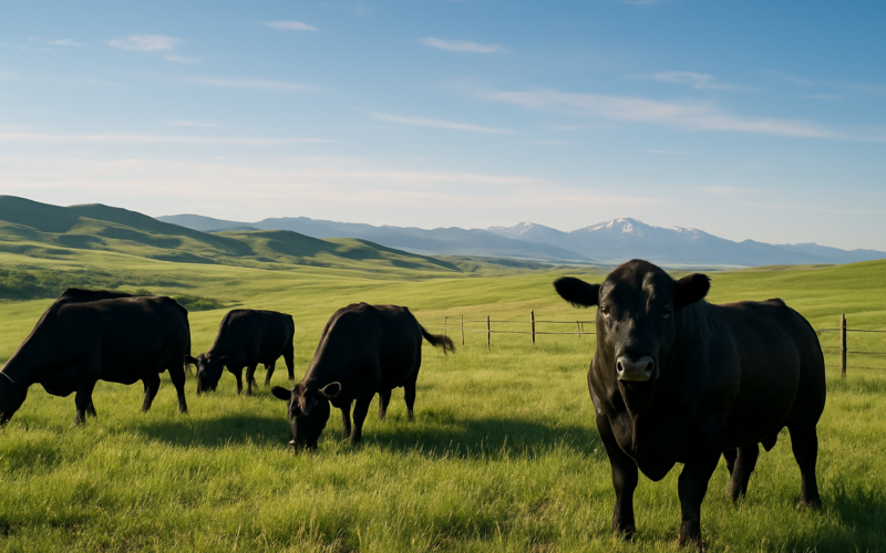 Black cattle and a bull grazing green early-summer rangeland with Montana foothills in the background
