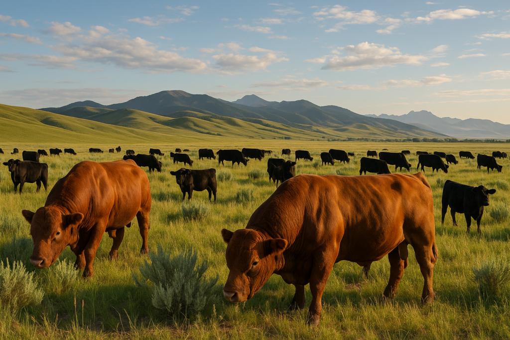 Beef bulls grazing among cows on green Montana summer rangeland with foothills in the background