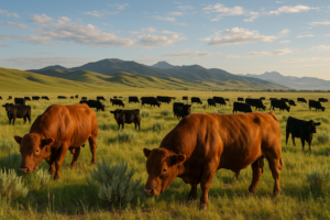 Beef bulls grazing among cows on green Montana summer rangeland with foothills in the background