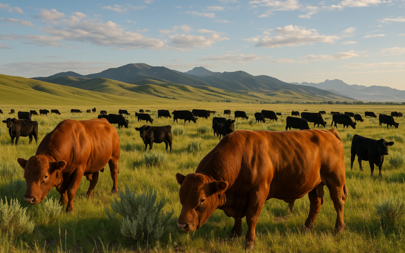 Beef bulls grazing among cows on green Montana summer rangeland with foothills in the background