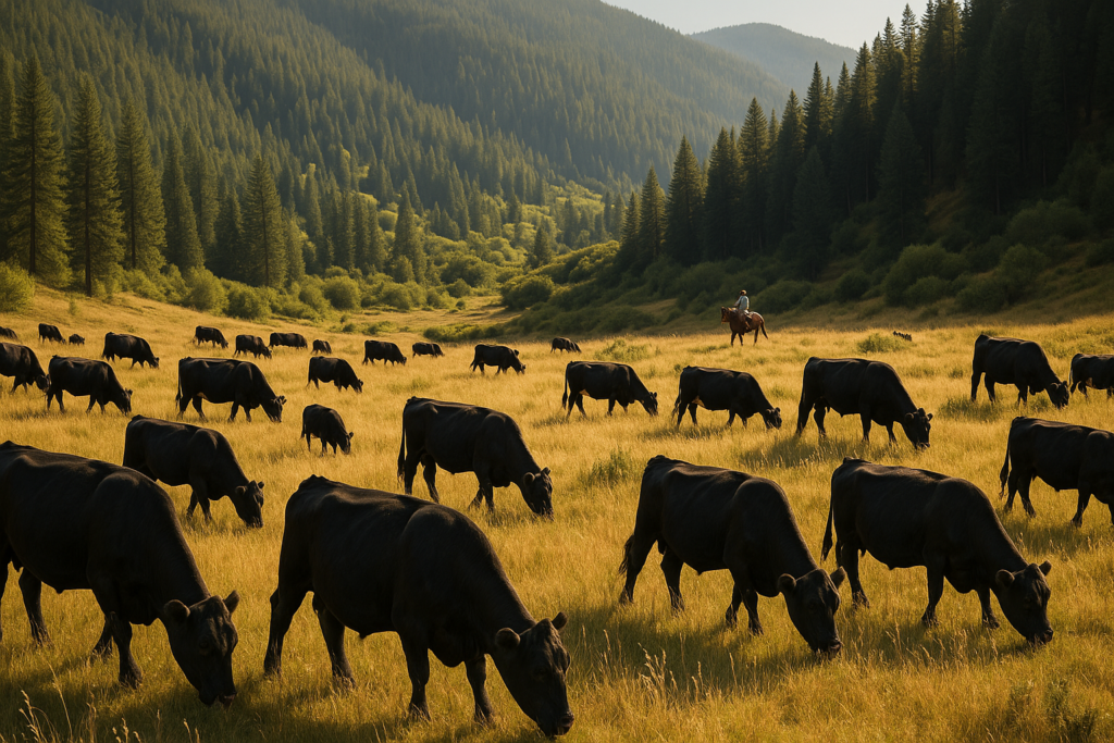 Black cattle grazing on a forested Montana summer range with a rider checking the herd in the distance