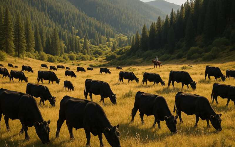 Black cattle grazing on a forested Montana summer range with a rider checking the herd in the distance