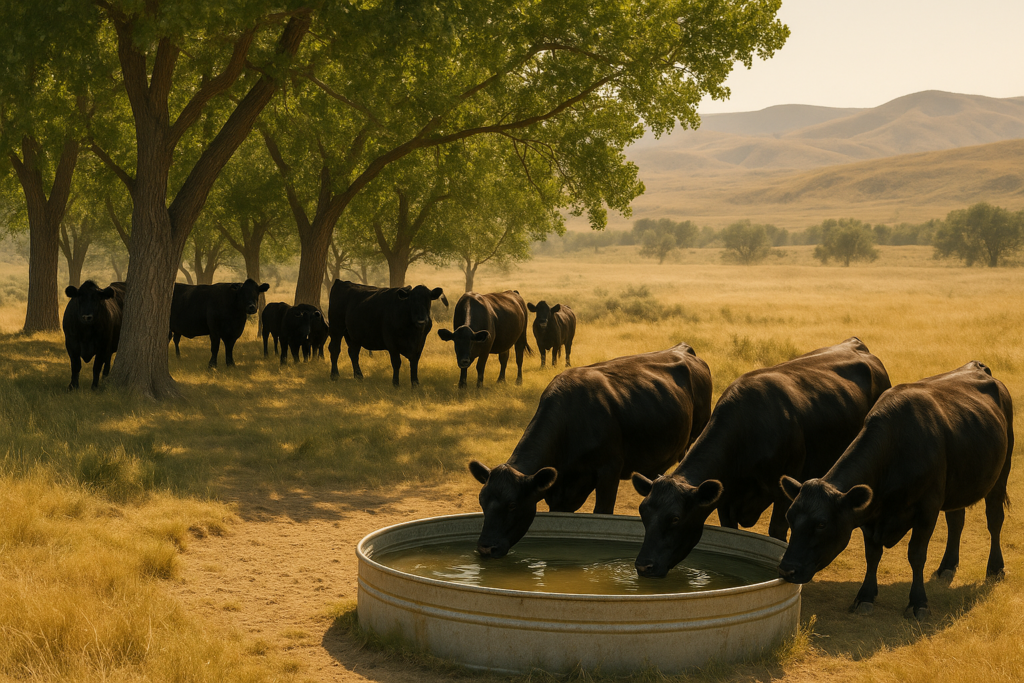 Black cattle bunched in shade near a stock tank on Montana summer range during a hot afternoon