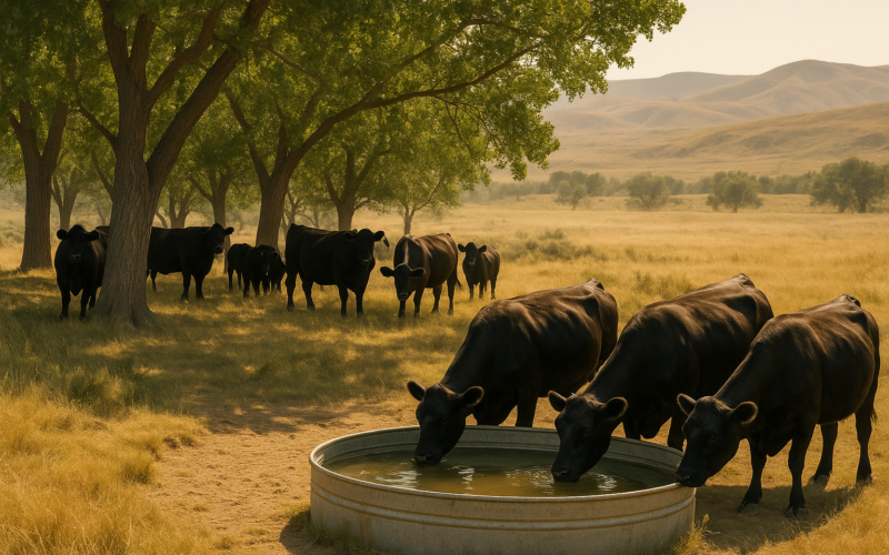 Black cattle bunched in shade near a stock tank on Montana summer range during a hot afternoon