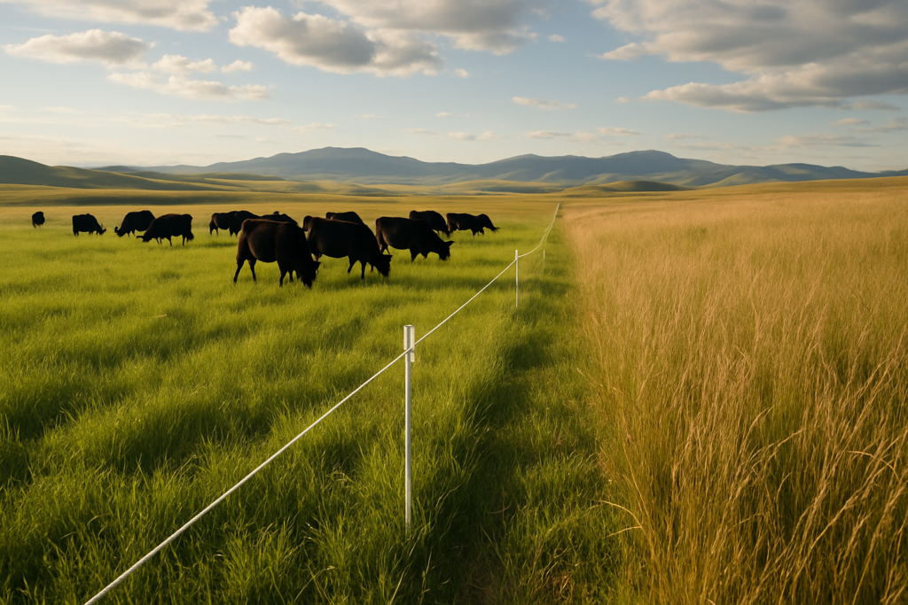 A temporary electric polywire fence dividing a green Montana summer pasture, with cattle grazing on one side and rested grass standing on the other beneath foothills