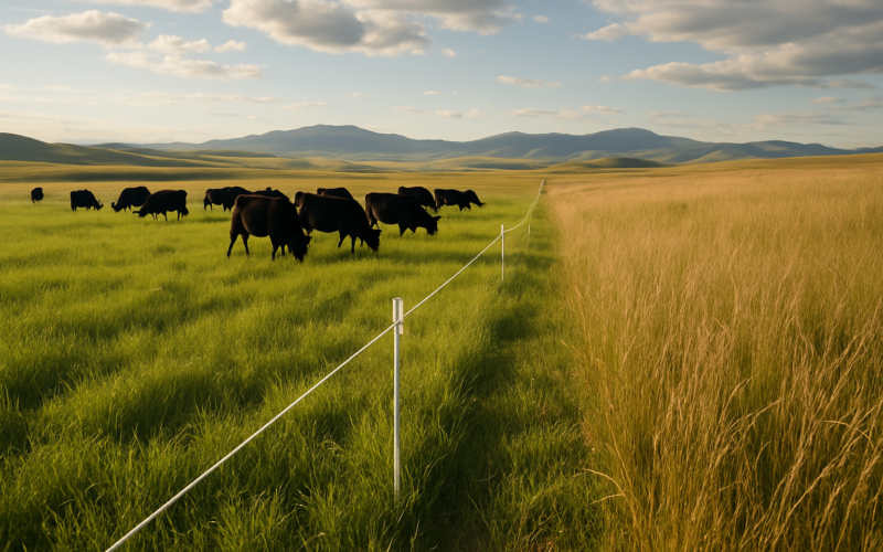 A temporary electric polywire fence dividing a green Montana summer pasture, with cattle grazing on one side and rested grass standing on the other beneath foothills
