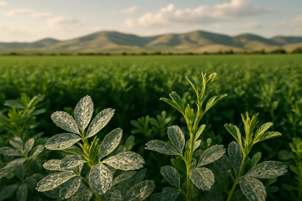 A Montana alfalfa field with a silvery frosted cast on the top canopy from weevil feeding, healthy green alfalfa behind and foothills in the distance
