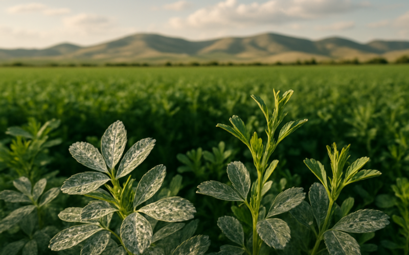 A Montana alfalfa field with a silvery frosted cast on the top canopy from weevil feeding, healthy green alfalfa behind and foothills in the distance