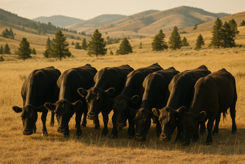 Black cows grazing on dry Montana foothill rangeland in early summer with pine-dotted hills behind them