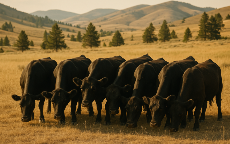 Black cows grazing on dry Montana foothill rangeland in early summer with pine-dotted hills behind them