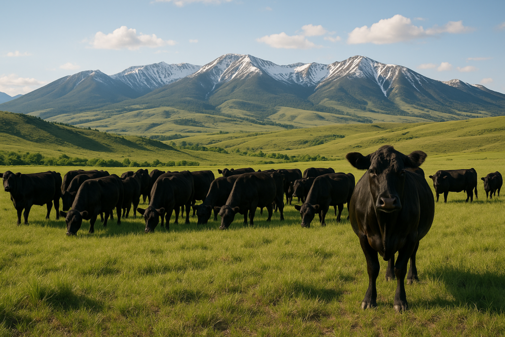 Black Angus cows grazing on green Montana foothill pasture in June with one cow standing apart from the herd and mountains in the distance
