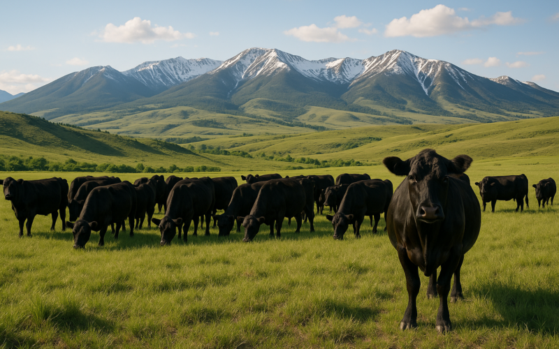 Black Angus cows grazing on green Montana foothill pasture in June with one cow standing apart from the herd and mountains in the distance