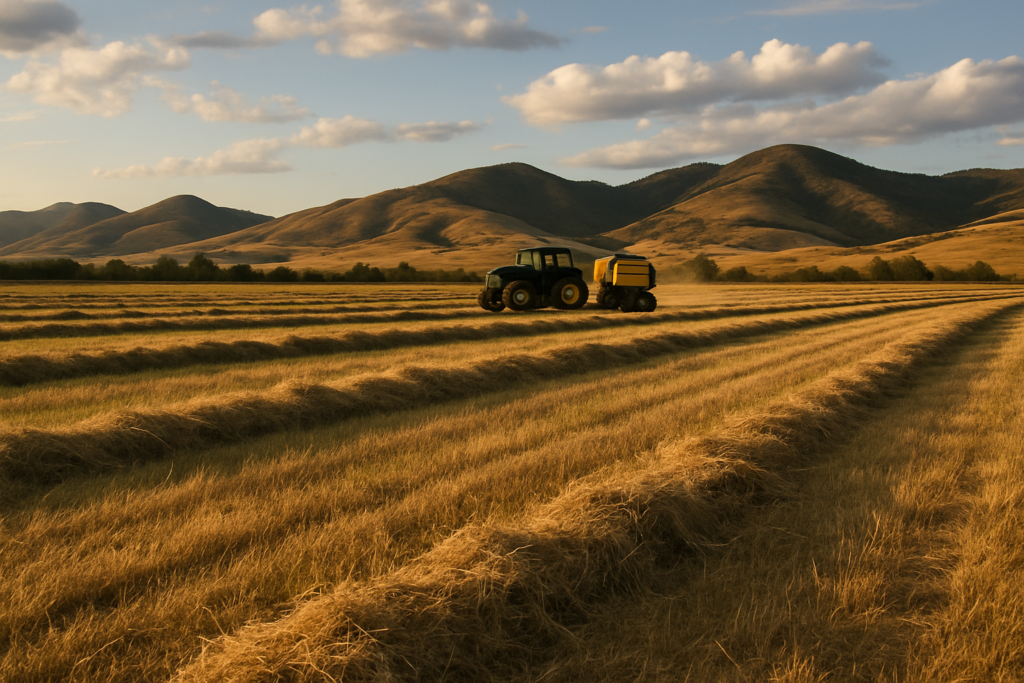 Windrows of cured grass hay across a Montana hayfield with a baler working at dusk under open sky