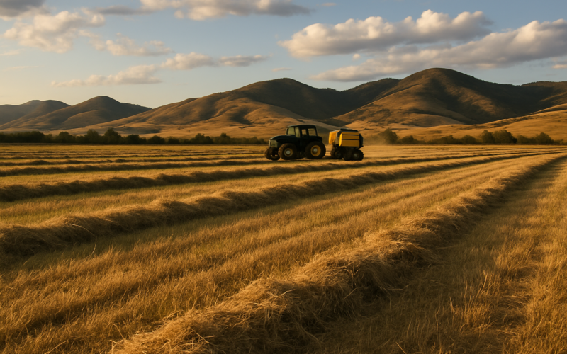 Windrows of cured grass hay across a Montana hayfield with a baler working at dusk under open sky