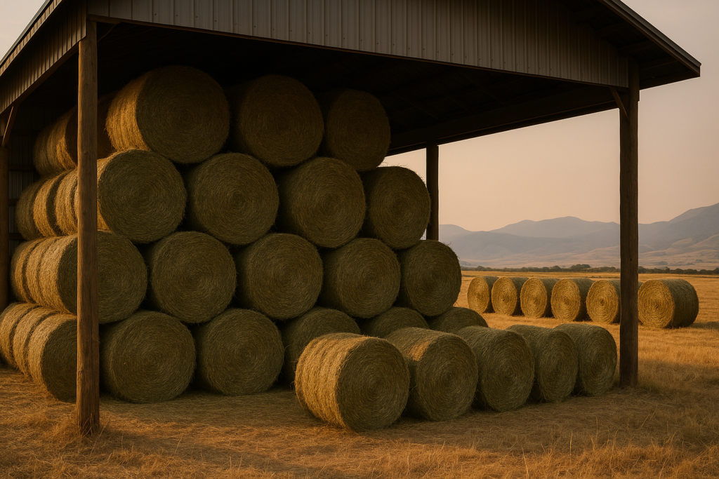 Round first-cutting hay bales stacked in an open Montana hay shed with foothills in the background at golden hour