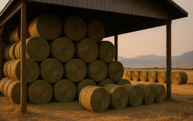 Round first-cutting hay bales stacked in an open Montana hay shed with foothills in the background at golden hour