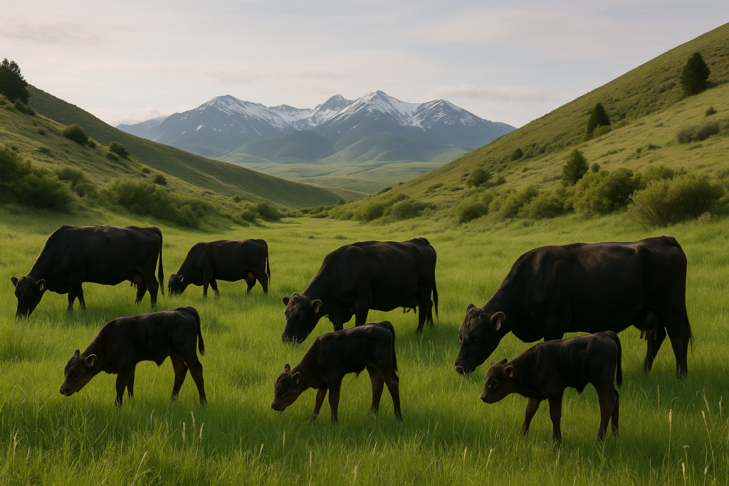 Black cow-calf pairs grazing green early-summer grass in a Montana foothill pasture with mountains in the distance