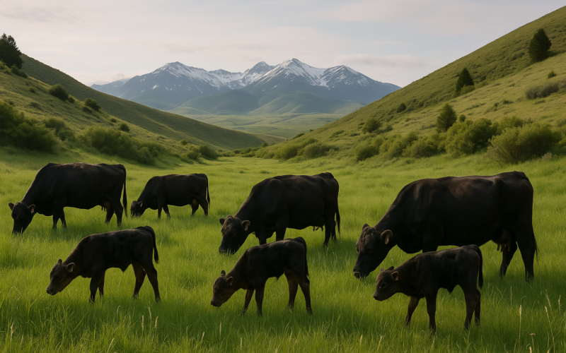 Black cow-calf pairs grazing green early-summer grass in a Montana foothill pasture with mountains in the distance