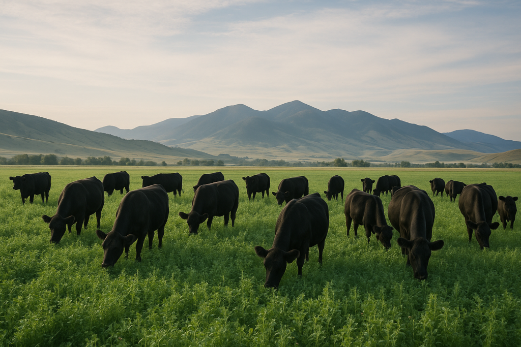 Black cattle grazing lush green legume pasture in a Montana valley on a dewy June morning with foothills behind