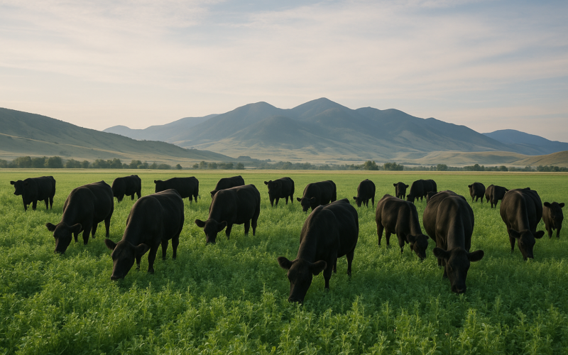 Black cattle grazing lush green legume pasture in a Montana valley on a dewy June morning with foothills behind