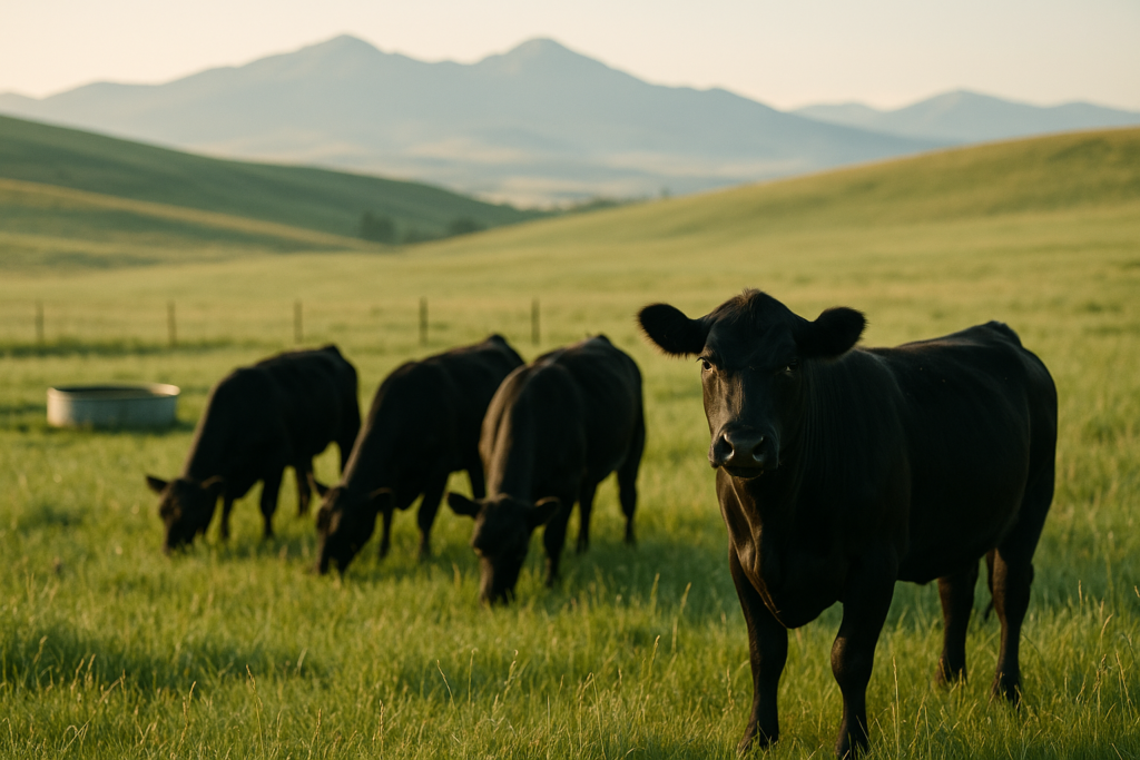 Young black Angus replacement heifers grazing green Montana foothill pasture in early summer with mountains in the background