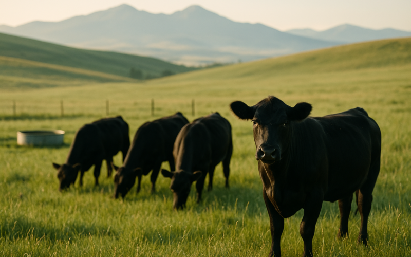 Young black Angus replacement heifers grazing green Montana foothill pasture in early summer with mountains in the background