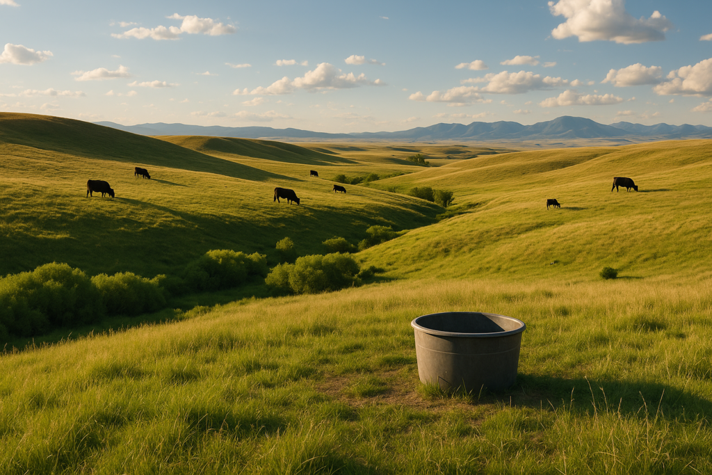 Black cattle grazing a green upland bench above a willow-lined creek bottom on Montana summer range, with a salt tub set out on the higher ground