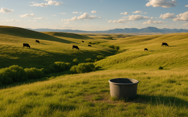 Black cattle grazing a green upland bench above a willow-lined creek bottom on Montana summer range, with a salt tub set out on the higher ground