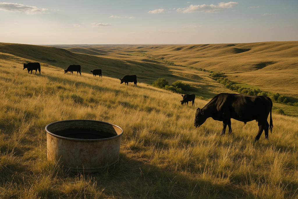 Cattle grazing a high ridge above a green creek bottom on Montana summer range, a mineral tub set on the open bench in the foreground