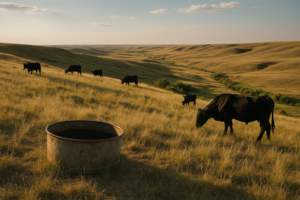 Cattle grazing a high ridge above a green creek bottom on Montana summer range, a mineral tub set on the open bench in the foreground