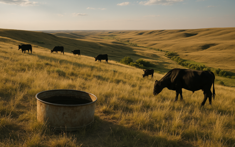 Cattle grazing a high ridge above a green creek bottom on Montana summer range, a mineral tub set on the open bench in the foreground