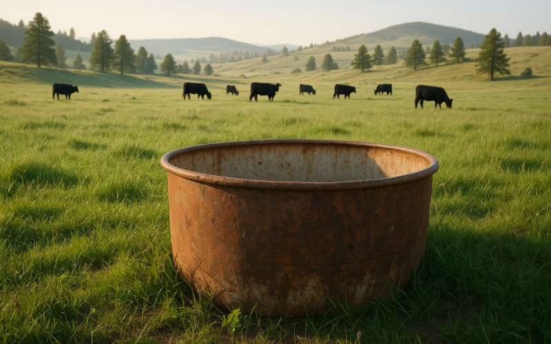 A mineral feeder in a green Montana summer pasture with cattle grazing under foothills in early morning light