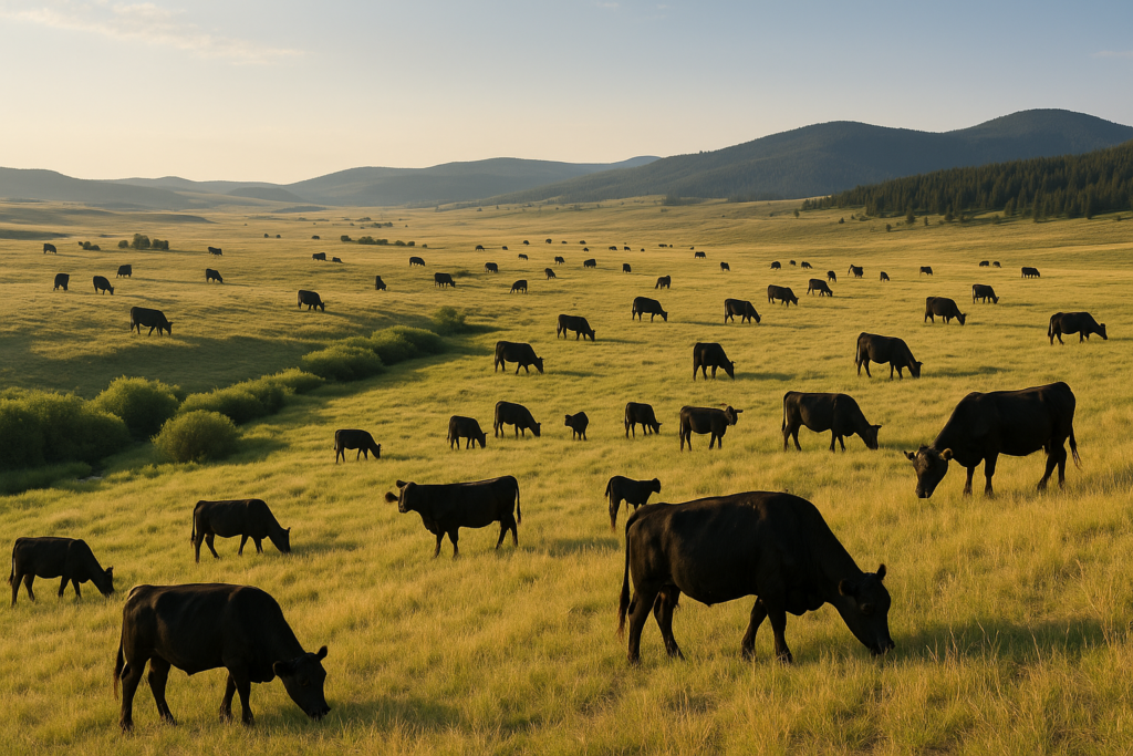 Black cattle spread across a grassy Montana ridge above a green creek bottom on summer range in early morning light