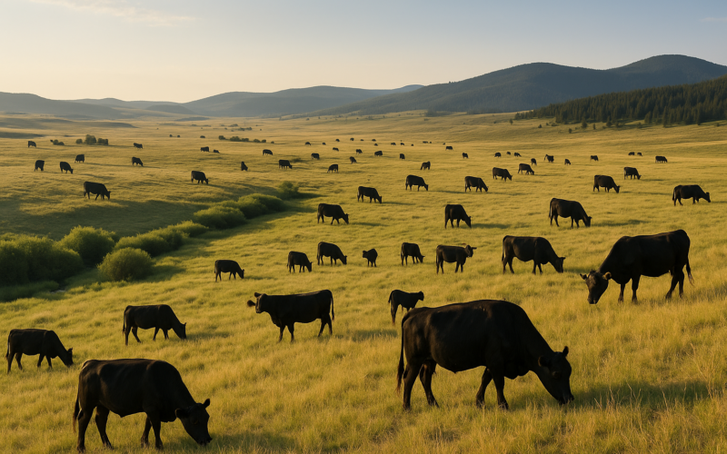 Black cattle spread across a grassy Montana ridge above a green creek bottom on summer range in early morning light