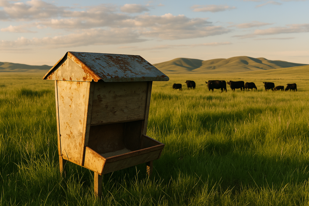 A covered mineral feeder in green June pasture with black cattle grazing beyond it under a wide Montana sky