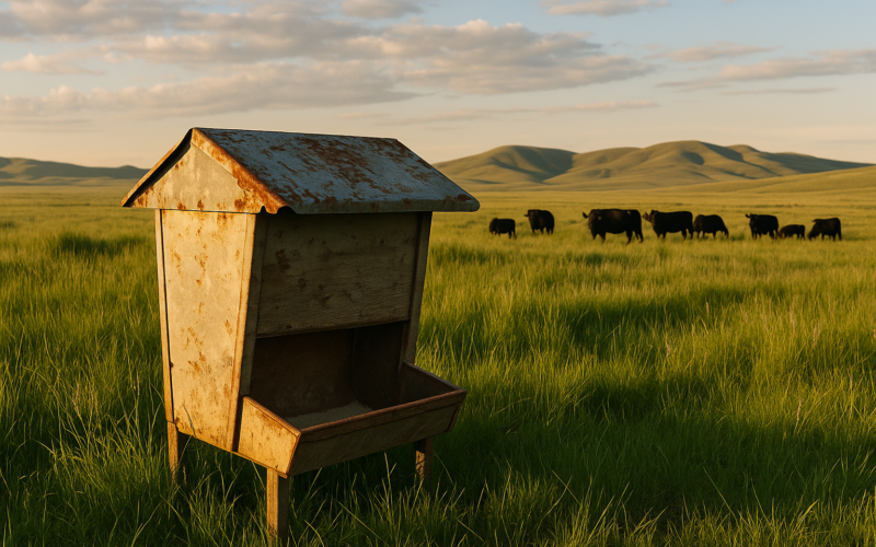 A covered mineral feeder in green June pasture with black cattle grazing beyond it under a wide Montana sky