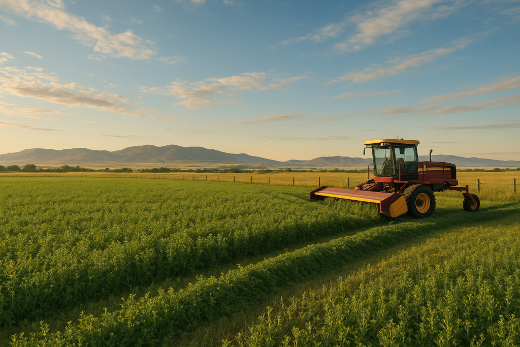 An alfalfa field in early bud stage in mid-June with a swather at the edge and Montana foothills in the background