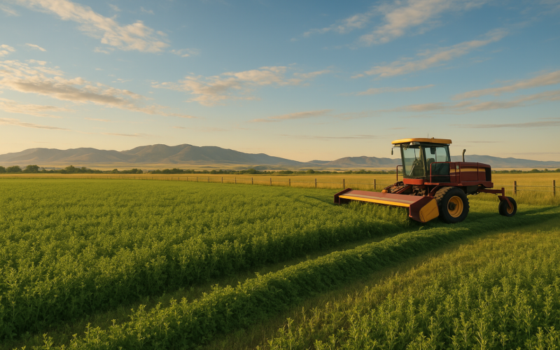 An alfalfa field in early bud stage in mid-June with a swather at the edge and Montana foothills in the background