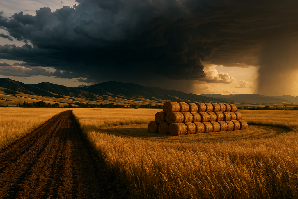 A disced firebreak separates cured grass from a row of round hay bales on a Montana ranch as storm clouds build over the foothills