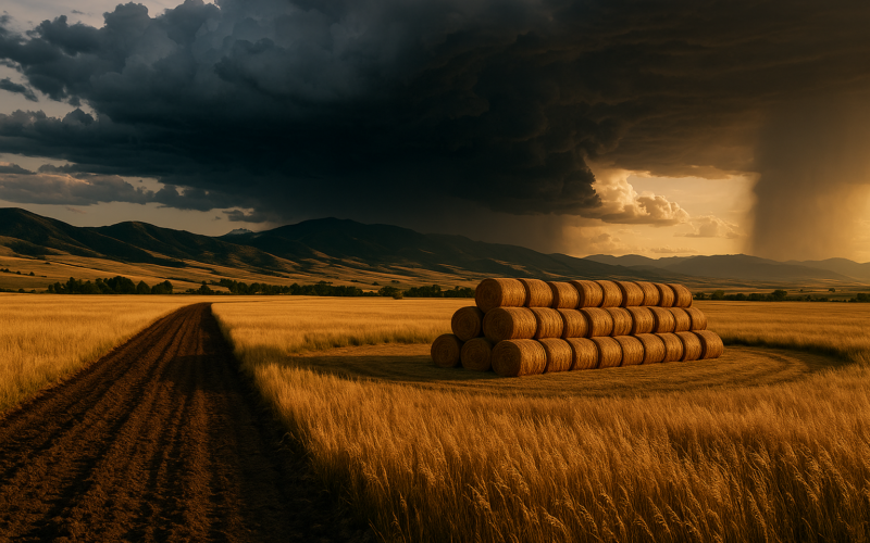 A disced firebreak separates cured grass from a row of round hay bales on a Montana ranch as storm clouds build over the foothills