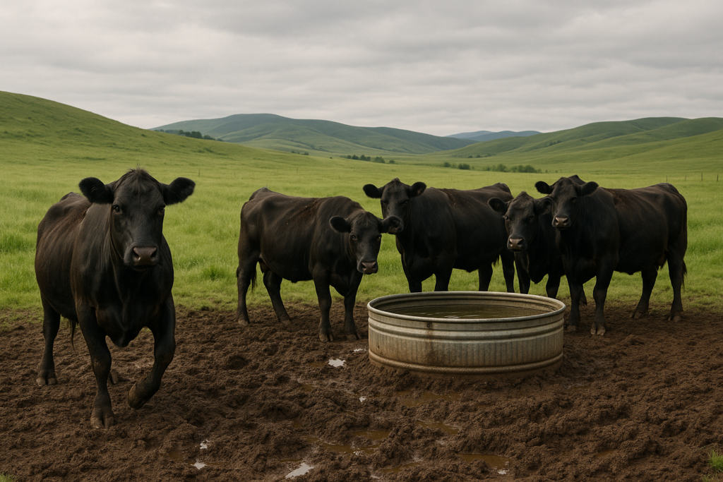 Black cattle gathered on muddy ground around a stock tank in a green Montana summer pasture, with rolling foothills behind them