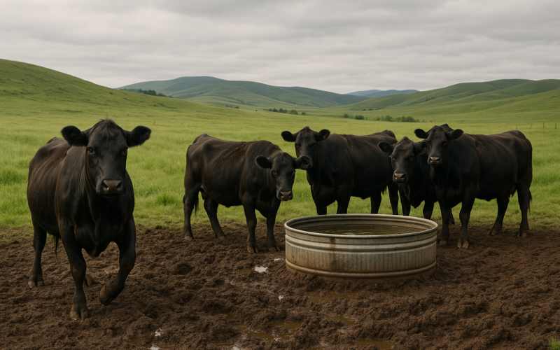 Black cattle gathered on muddy ground around a stock tank in a green Montana summer pasture, with rolling foothills behind them