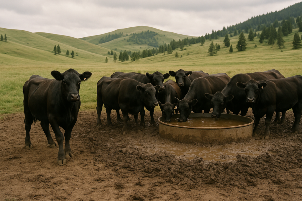 Black cattle gathered around a muddy stock tank on Montana range in early summer, with one cow standing apart favoring a back leg
