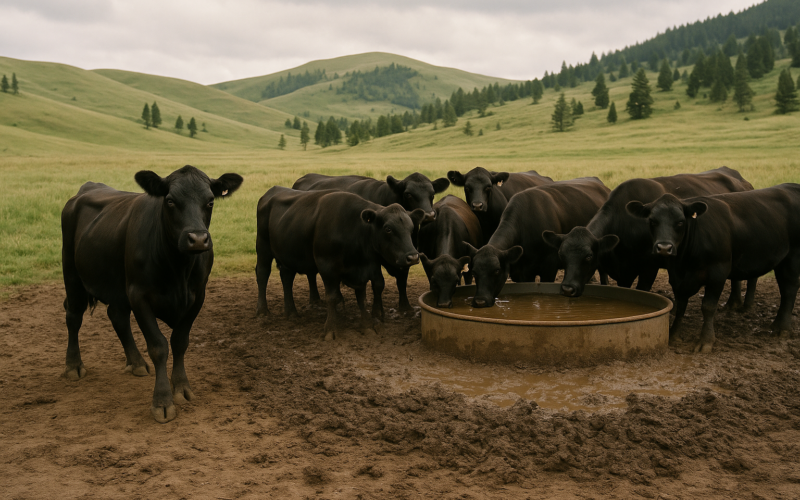 Black cattle gathered around a muddy stock tank on Montana range in early summer, with one cow standing apart favoring a back leg
