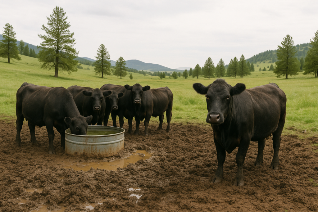 Black cattle gathered on muddy ground around a stock tank in a green Montana pasture with foothills behind, one cow standing off from the herd