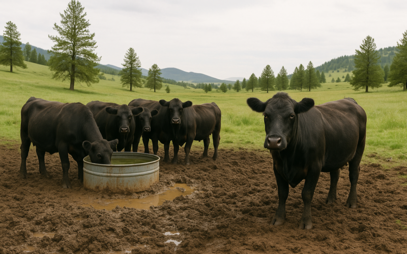 Black cattle gathered on muddy ground around a stock tank in a green Montana pasture with foothills behind, one cow standing off from the herd